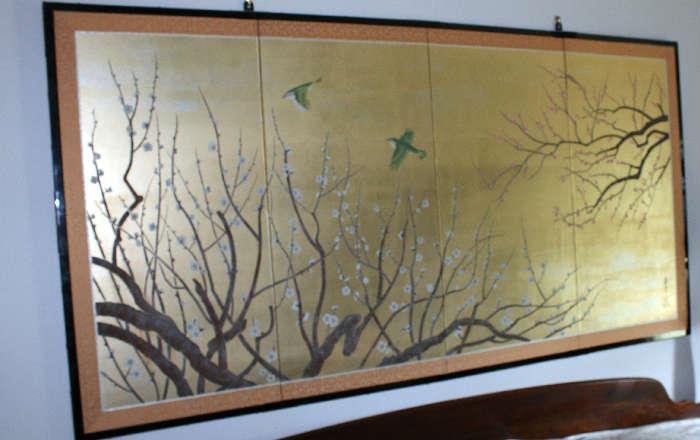 Silk screen wall hanging with beautiful cherry blossoms and birds in flight.