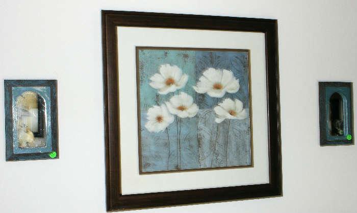 White poppy/daisys with blue back ground and 2 distressed blue mirrors.