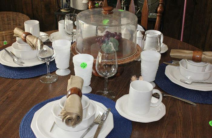 Some of the white Heritage stone ware with cake plate on wood stand, milk glass water glasses.