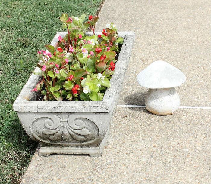 One of the cement flower pots that are planted.  A cement mushroom statue.  There is another one also.