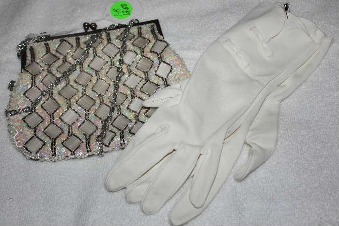White evening gloves with white beaded purse.