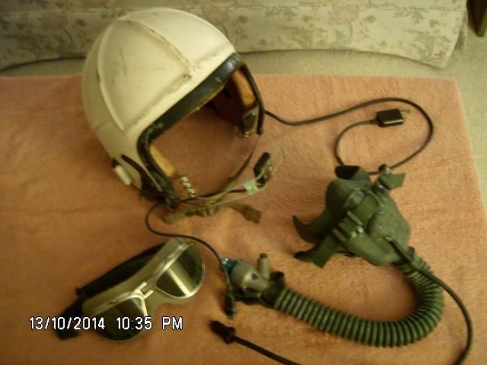 U.S. Navy Air-flight Helmet w/ attached Microphone, Oxygen Mask, & Goggles.