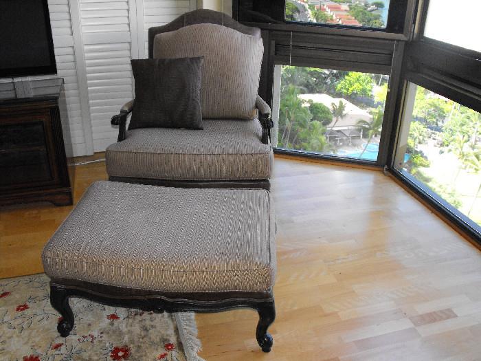 Ethan Allen Custom Made Leather and Cloth Armchair and Ottoman. Wood Trim and Brown Leather.