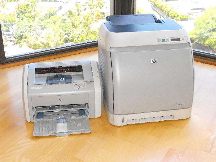 Pair of HP Printers. HP LJ1020 Monochrome Printer and HP LJ2605dn Color Printer.