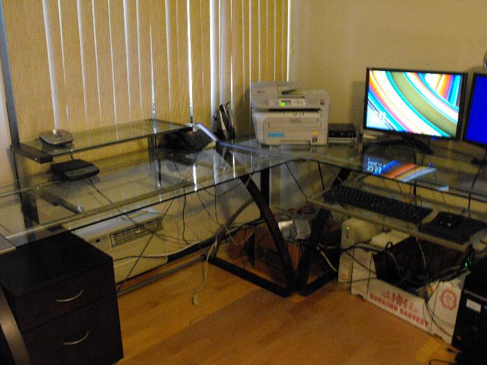 Glass Desk and Return w/ Wood File Cabinet