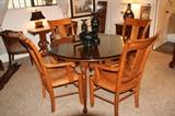 Ethan Allen Walnut 48" Dining Table & 2 leafs & thick glass top (Nichols & Stone Chairs 4 Captain & 2 Side