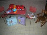 1950'S CHILDS TABLE & CHAIRS, ROCKER,FIRE TRUCK "AS IS" KEN CASE, BARBIE & FRANCENE CASE
