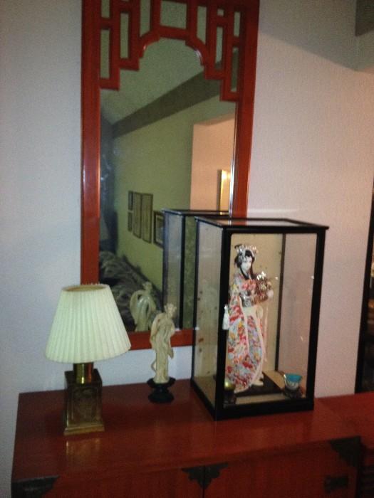 Wood framed mirror and other collectibles