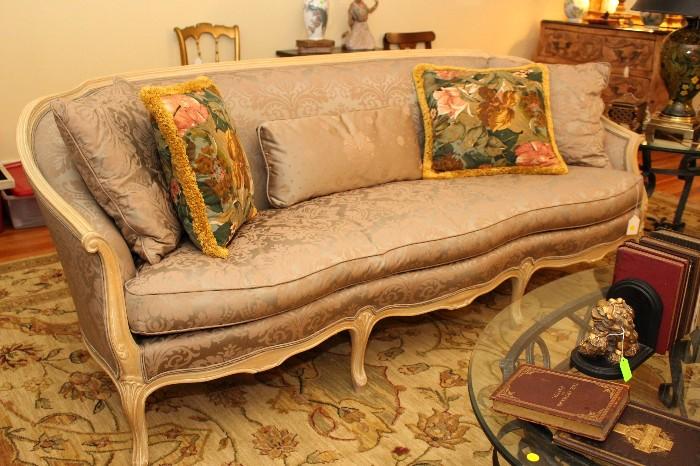 Sherrill french exposed wood sofa w/ custom matching pillows