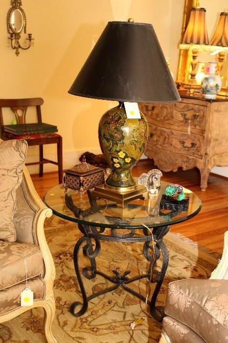 Solid wrought iron lamp table, Cloissone style oriental lamp