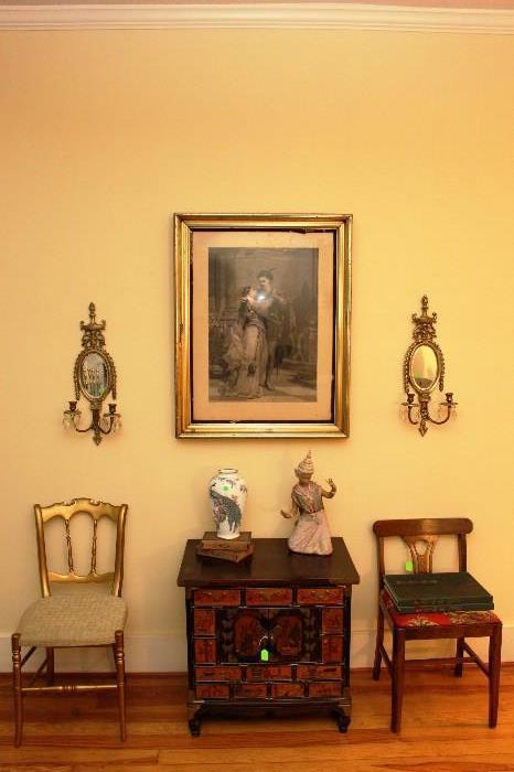 Oriental occasional table, 19th century side chairs,  French brass sconces, 19th century lithograph