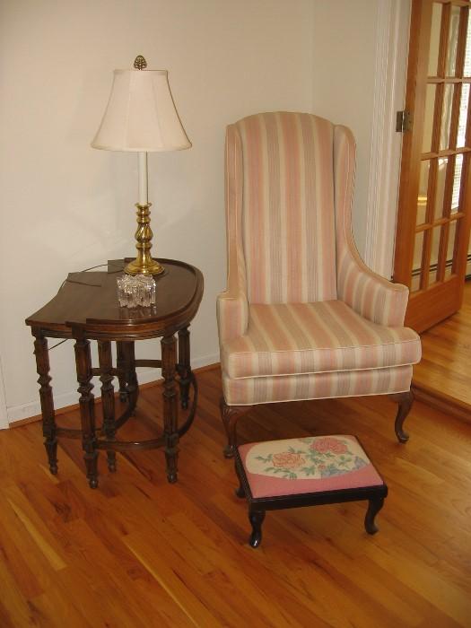 nesting tables, wingback chair