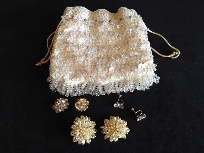 Beaded hand bag and vintage earrings
