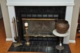 Fireplace tools, marble top table/plant stand
