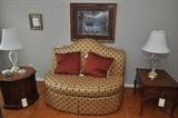 octagon table, pair matching lamps, loveseat, Henredon side table