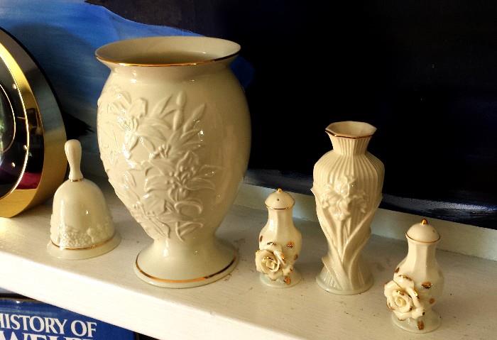 Lenox vase, salt shaker, pepper shaker, snowmen, bud vase, and heart shaped jewelry/precious item box.