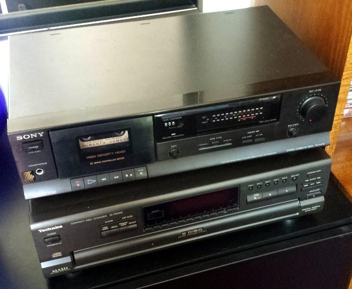 Sony stereo cassette deck, Technics five CD player.