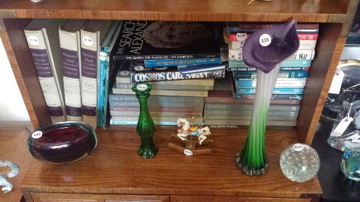 Various Books and Glass Items.