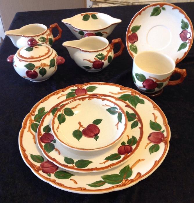 Franciscanware "Apple" Pattern - 11 dinner plates, 11 small dessert bowls, 5 pie plates, 7 cups & saucers, 1 sugar bowl, 2 creamers, 4 salad plates and 1 gravy bowl