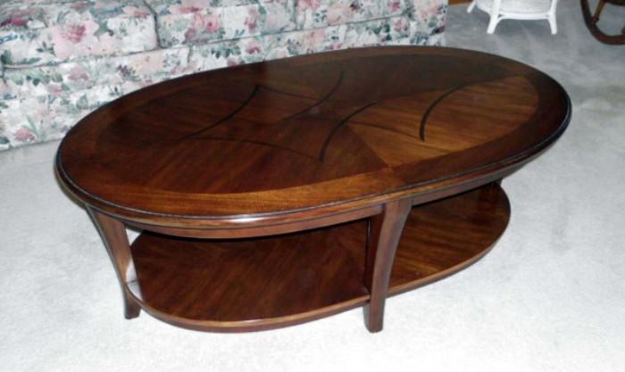  	Oval Wood Coffee Table with Inlay Design