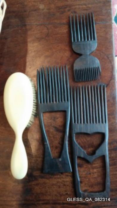 "Afro Picks" Ebony Wood Combs. Nice Natural Bristle Hair Brush.