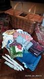 Sheet (garters, grippers, straps, stay-downs, suspenders..), Linens, Nice Vintage Picnic Basket with sliding top closure.