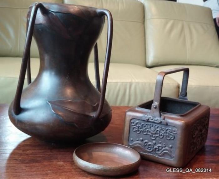 Art Nouveau Bronze Vase,  Roycroft 5" Shallow Bowl,  Asian Style Bronze Basket.