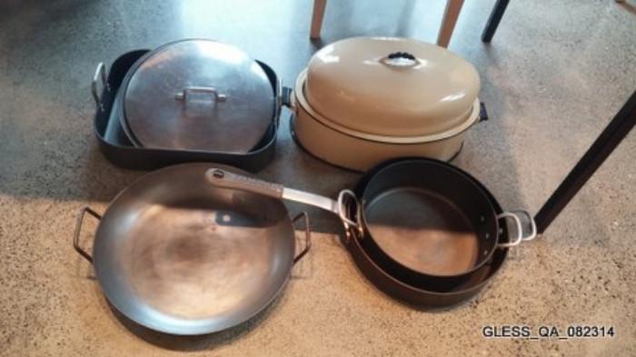 Paella Pan 15", Cuisinart Roasting/Baking Pan, Magnalite Lid 14", Aluminum Wearever Lid 14", 30" Enamelware Roaster/DutchOven, Magnalite  Skillets.