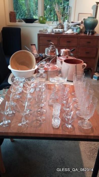 Water/Tea Glasses, Martini, Sherberts, Salt Cellars, Tiffany Decanter, Yelloware Mixing Bowl, Vallauris Terra Cotta Clay Sauce Pans and Bean Pot.
