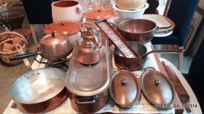 Copper (Culinox, Culinox Fondue Pot, 20" Bourgeat Fish Poacher, Lagerstedt tea kettles, Egg White Bowl, Chocolate Mold. 