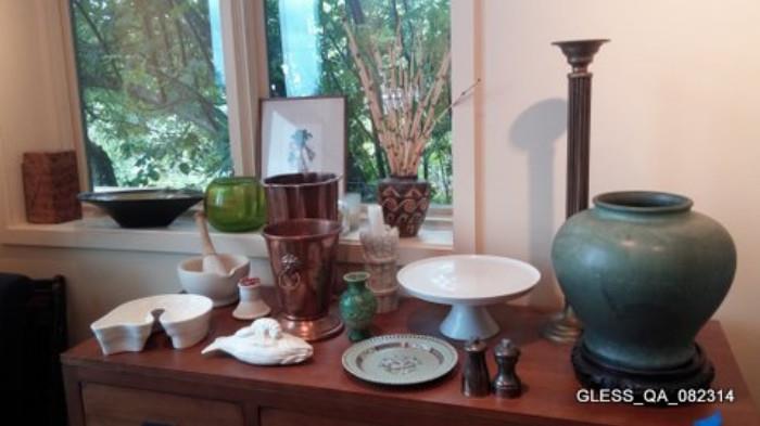 Mortar and Pestle, Ceramic Fish Mold, Ironstone Cake Plate, Brass Candle Holder, Nested Bowls on window sill, Vase, etc.