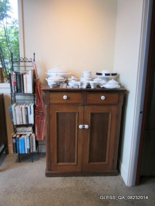 Pine Cabinet/Cupboard, Ironstone Serving pieces, Cookbooks