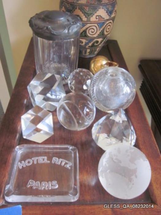 Crystal Paper Weights (some Tiffany), Glass Coaster.
