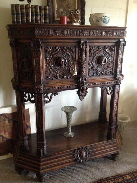 gothic revival, Spanish revival buffet cabinet, hand carved walnut