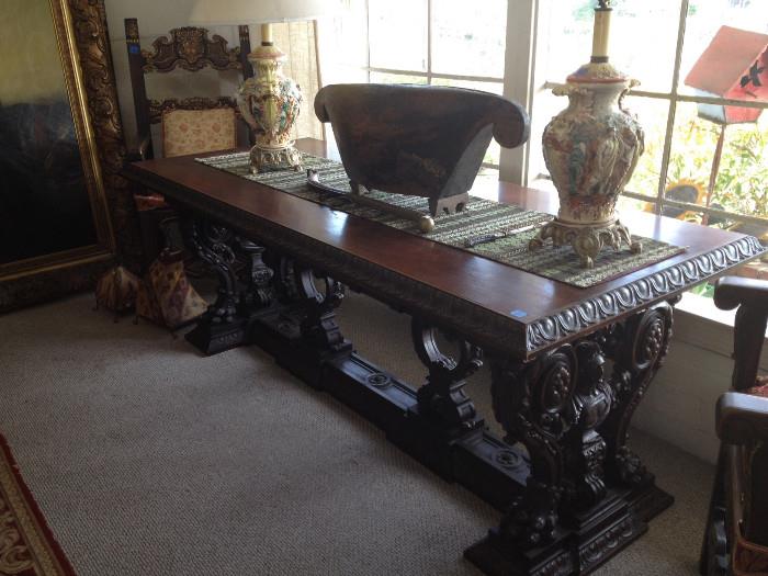 Hand Carved Cherry Wood Spanish Revival Dining Room Table with gothic over tones