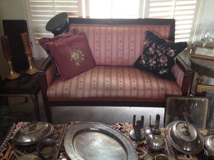 Victorian Federal silk Couch Cherry wood. Silver plate