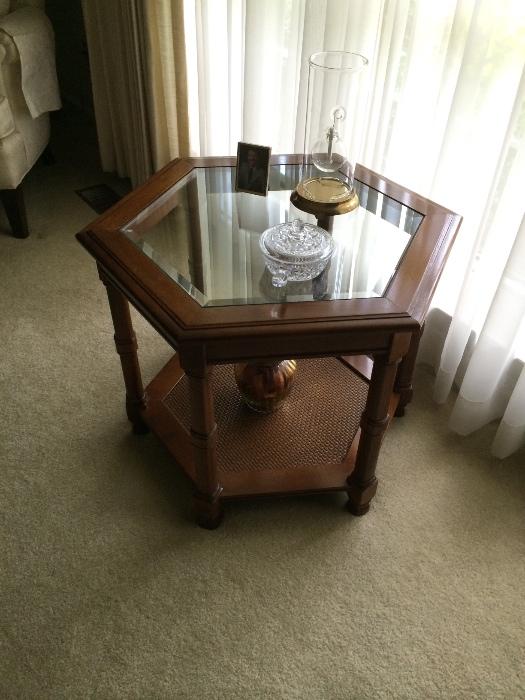 Wood and glass side table with reed detail. Made in USA