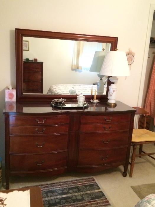 Matching antique Dixie Furniture dresser with mirror, also immaculate. Glass has also been cut to fit top of this piece.