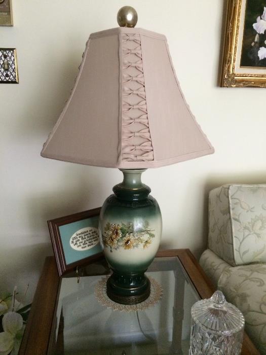 Incredible lamp shade on very gorgeous hand painted antique green and floral painted lamp.
