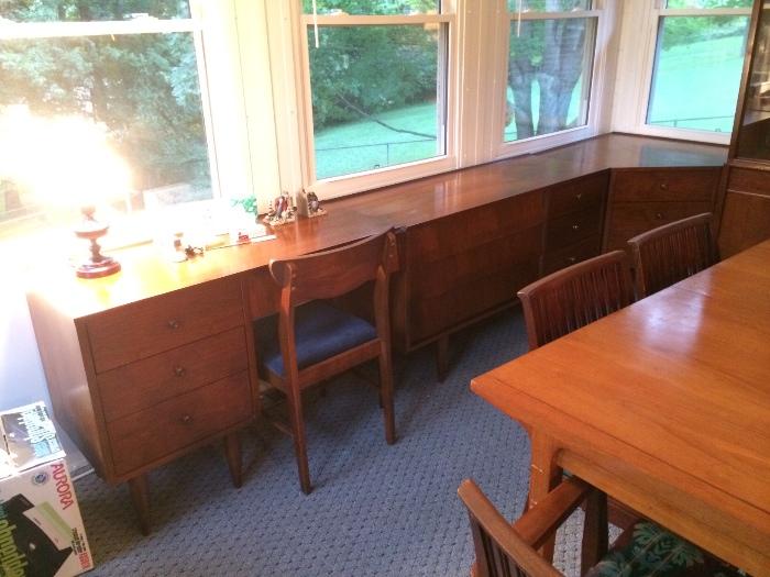 Three awesome solid wood Harmony House Mid Century Modern corner chest, chest of drawers and desk/makeup table with chair. All in great shape and waiting for you to enjoy or make some money on.