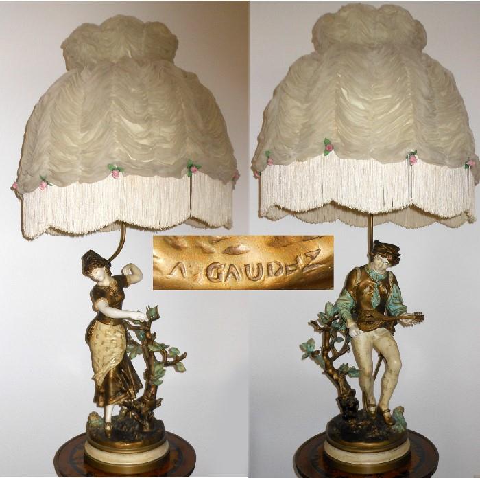 Large and Fabulous Pair of Signed Adrien Etienne Gaudez Bronze Lamps