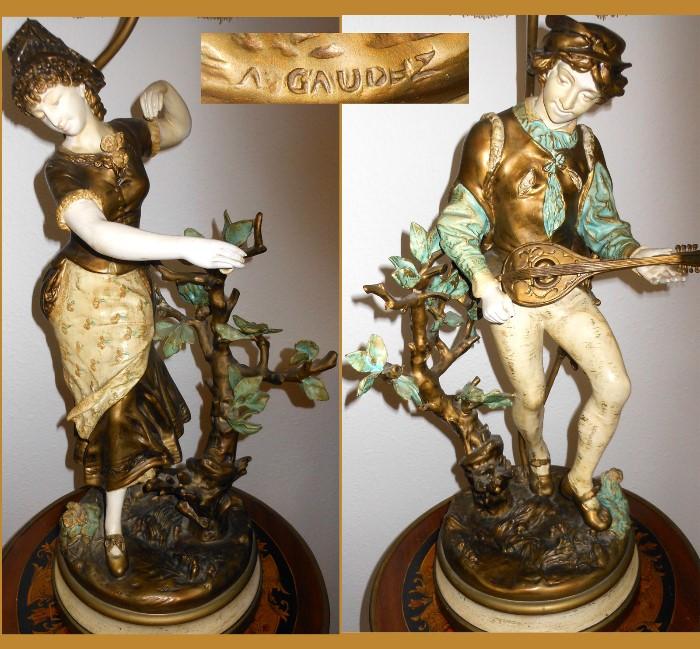 Large and Fabulous Pair of Signed Adrien Etienne Gaudez Bronze Lamps