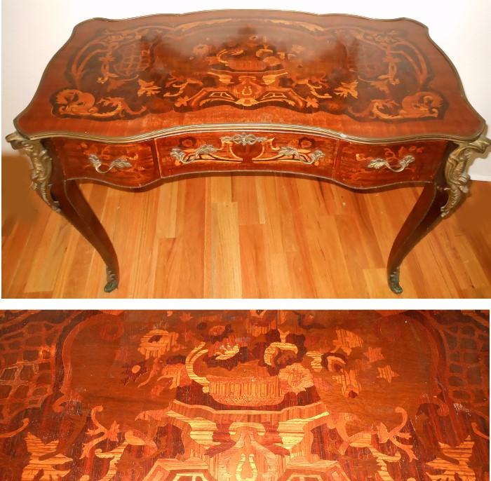 Extraordinary Marquetry Desk/Writing Table possibly Louis XV with Hand Cut Dovetailing on the Drawers