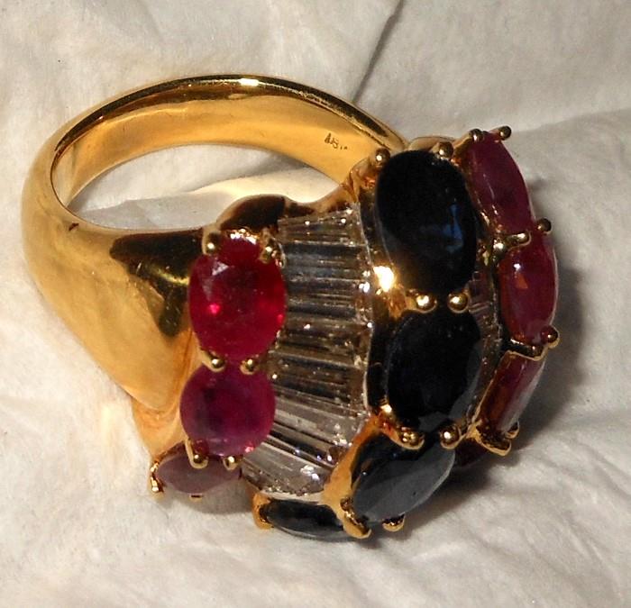 Custom Made 18K Yellow Gold Ring with Rubies, Sapphires and Diamonds-total weight: 16.8g