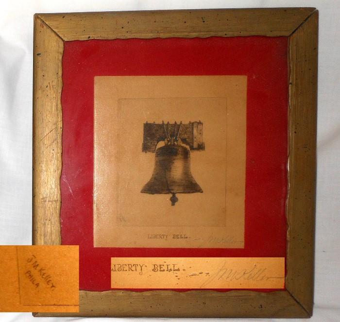 Signed J.M. Kelley Etching of the Liberty Bell-Known Philadelphia Artist-Mid to late 1800s