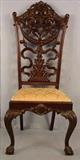 503 - Exceptional high back chippendale chair carved back with gold upholstery and clawed feet