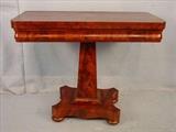 504 - Flame mahogany empire game table ca 1840 in original finish. 28.5in tall, 36in wide, 18in d.