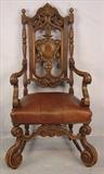 507 - Carved oak in William and Mary style fireside chair. (leather) 52in tall, 25in wide, 20in d