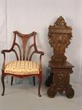 514 - Mahongany federal bed style arm chair with stripe upholstery. 37in tall, 24in wide, 20in deep, 515 - Heavy carved oak hall chair with carved lion heads. 47.5in tall, 15in wide