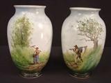 6- Matching pair of hand painted vases of man and tree, victorian, 11IN T, 4IN D